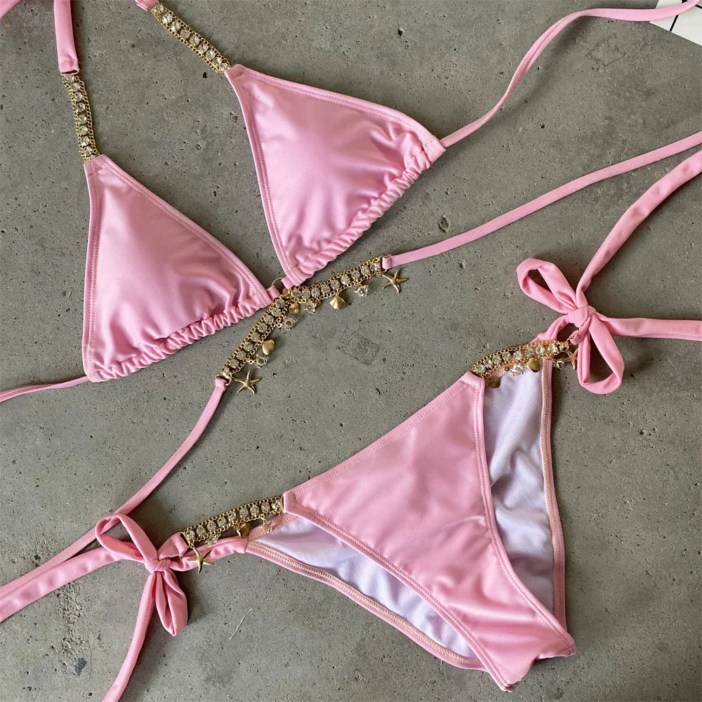 Sexy Luxury Bikini 2026 Women Crystal Rhinestones Push Up Micro Swimsuit Neon Orange Metal Chain Diamond High Cut Thong Swimwear