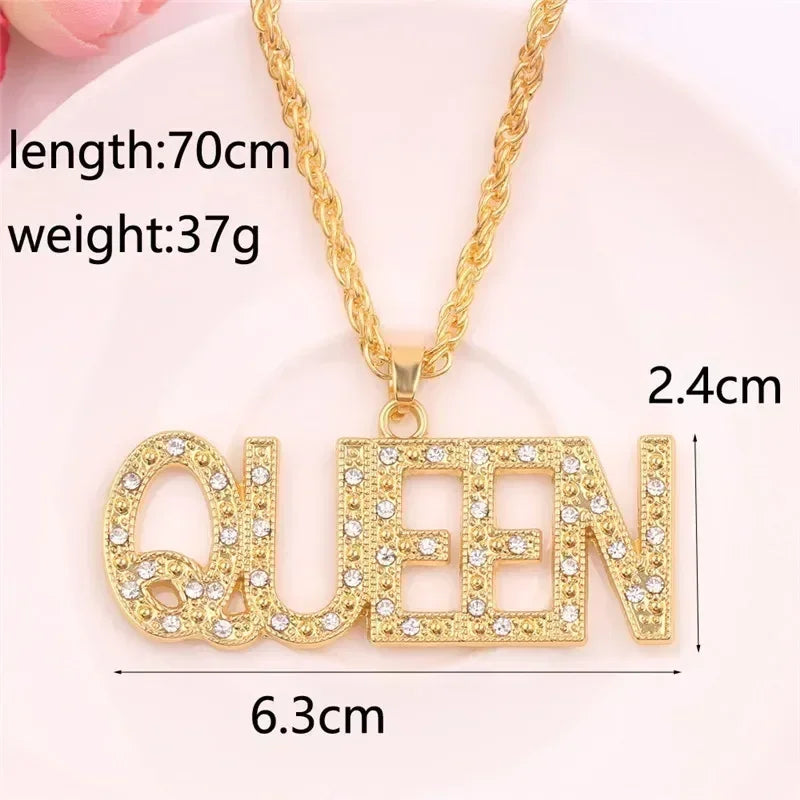 Men Hip Hop Full Rhinestone King Queen Pendants Necklaces Bling Bling Iced Out Cuban Link Chain Hiphop Necklace Men Jewelry Gift