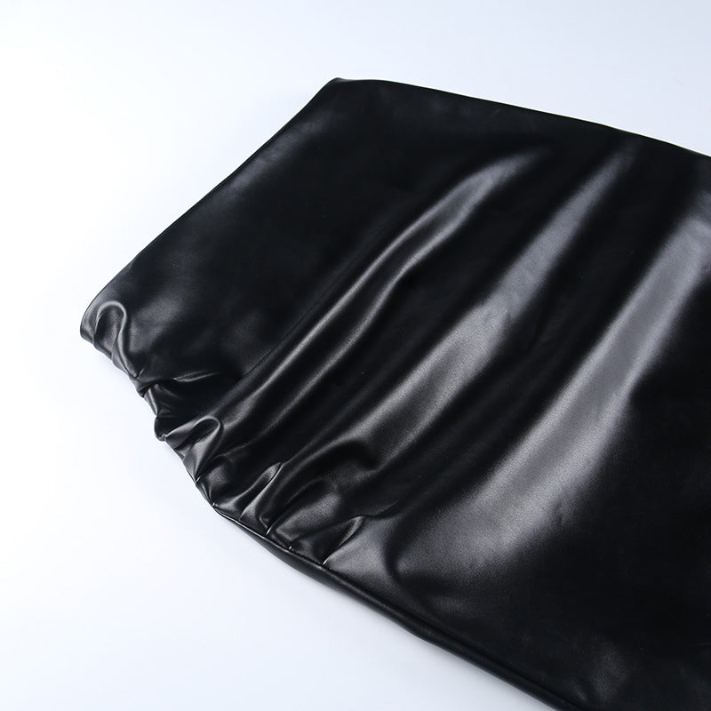 Women Autumn Sexy High Waist Bodycon Skirt Fashion Adults Slim-fit Solid Color Slit Leather Long Skirt Black/White