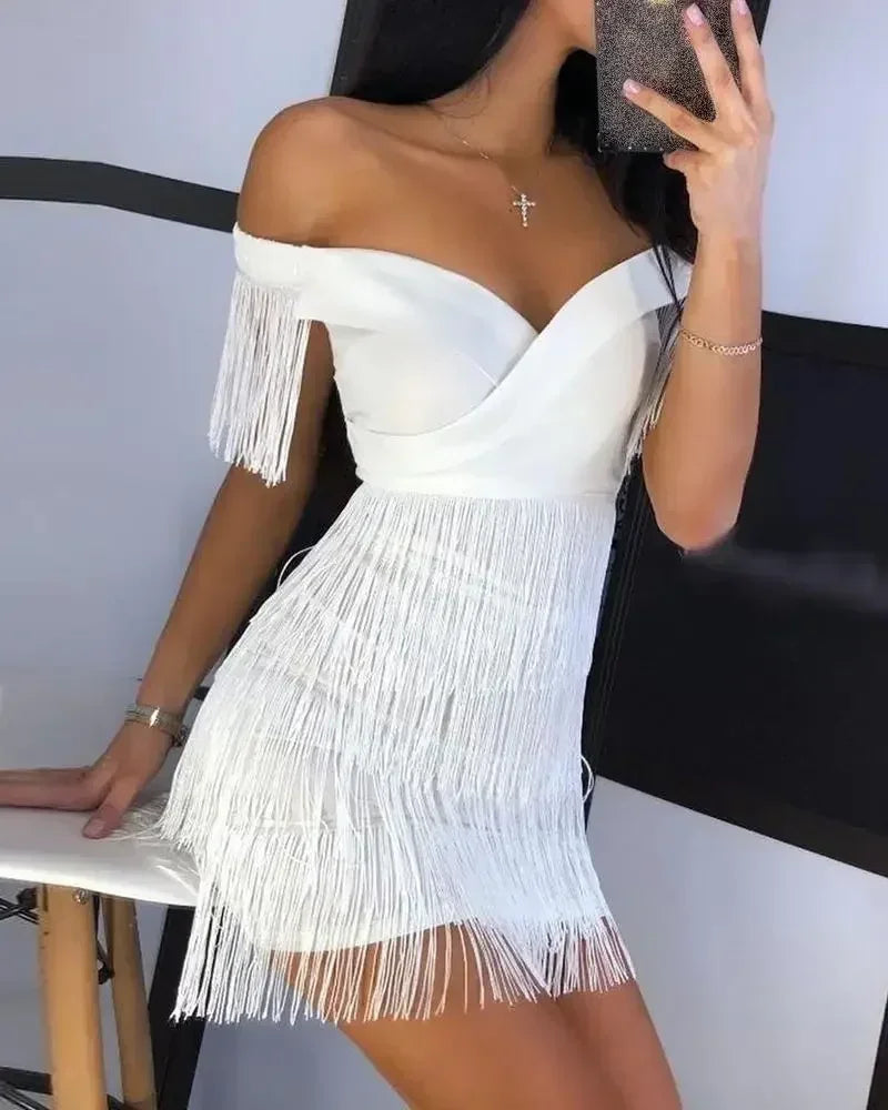 White Fringe Celebrity Evening Runway Party Dress Women Sexy Tassels Short Sleeve Club Dress Vestidos