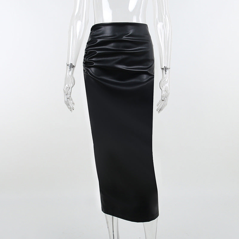 Women Autumn Sexy High Waist Bodycon Skirt Fashion Adults Slim-fit Solid Color Slit Leather Long Skirt Black/White