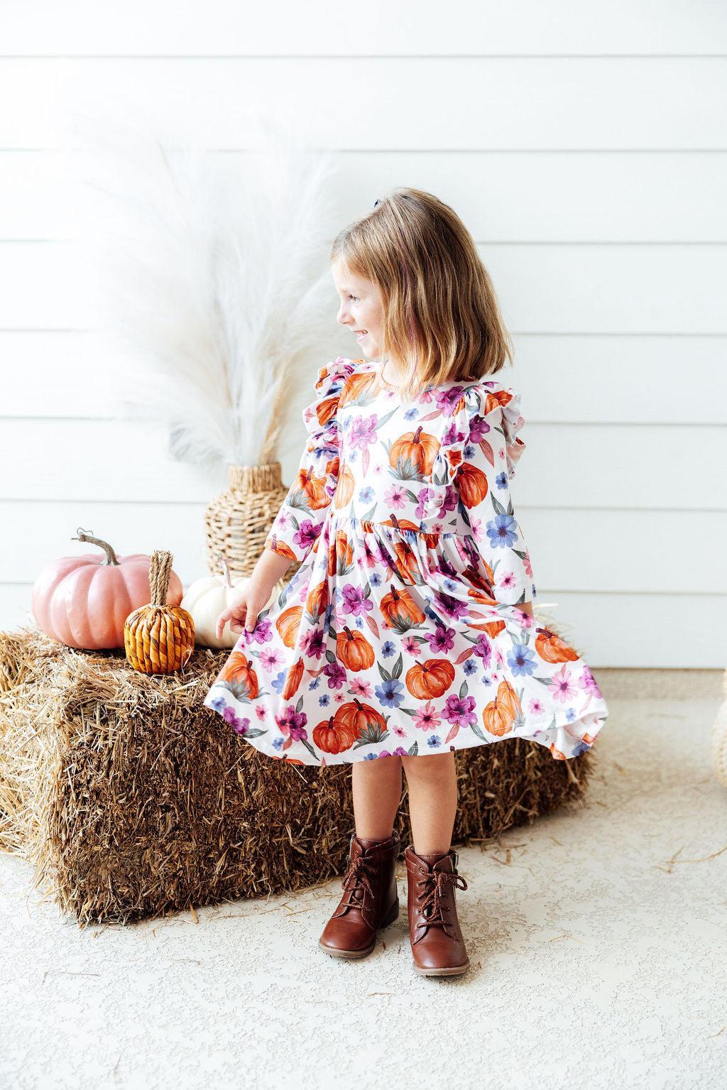 Hey Pumpkin 3/4 Sleeve Ruffle Twirl Dress