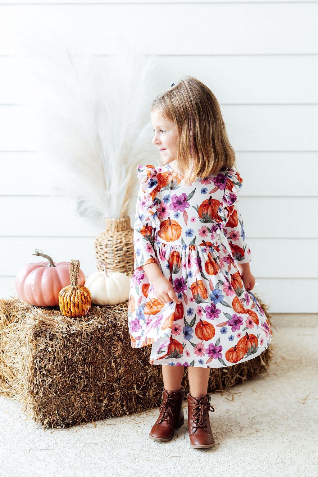 Hey Pumpkin 3/4 Sleeve Ruffle Twirl Dress