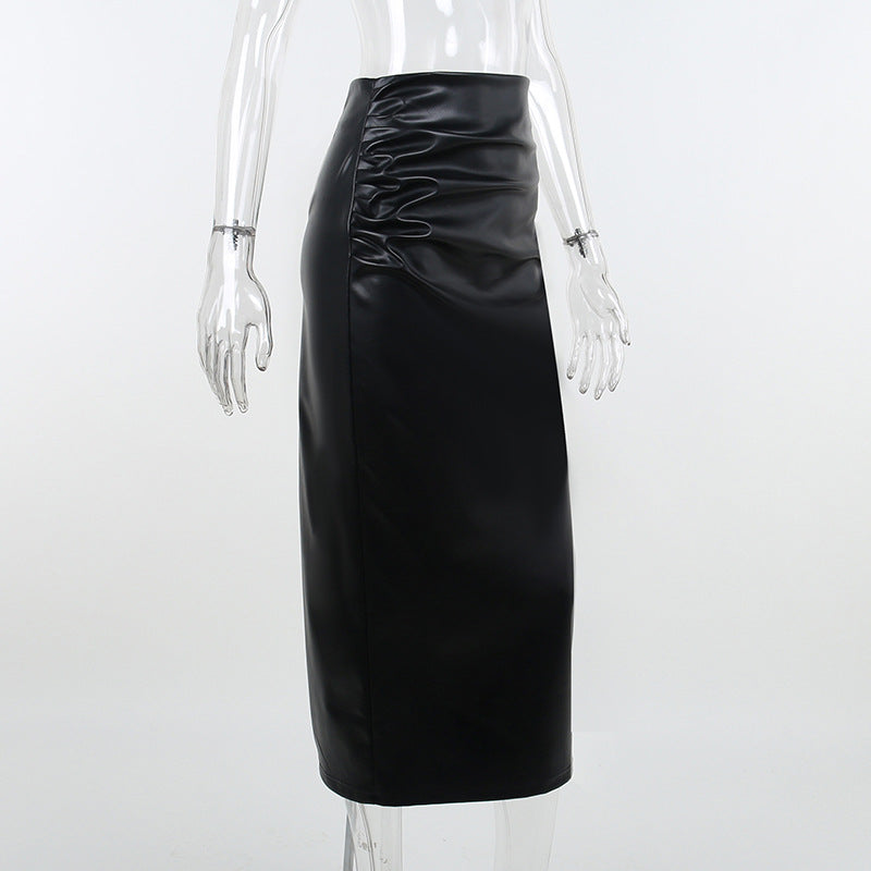 Women Autumn Sexy High Waist Bodycon Skirt Fashion Adults Slim-fit Solid Color Slit Leather Long Skirt Black/White