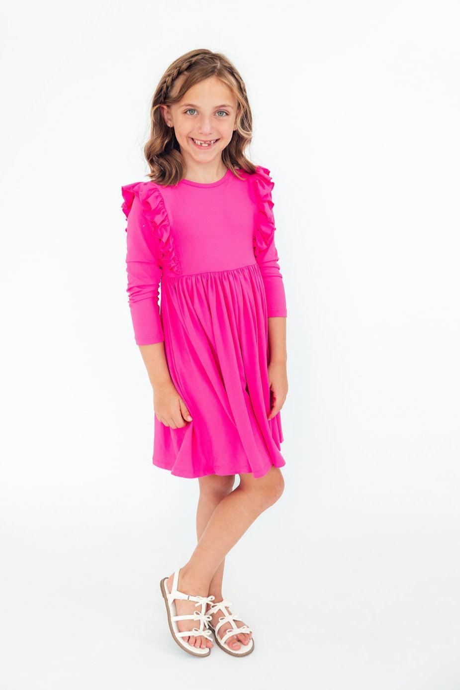 Hot Pink L/S Ruffle Twirl Dress