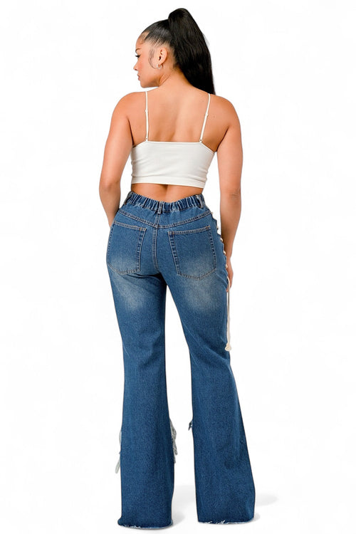 Curvy Lace-Up Shredded Flare Denim Pants
