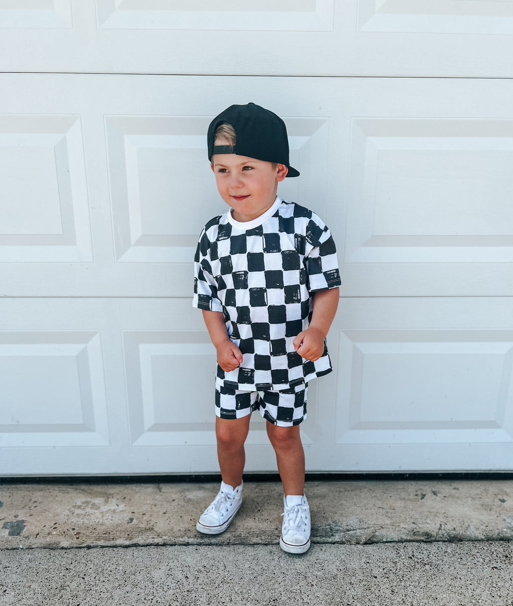 Organic Cotton Black & White Checkered Shorts Set
