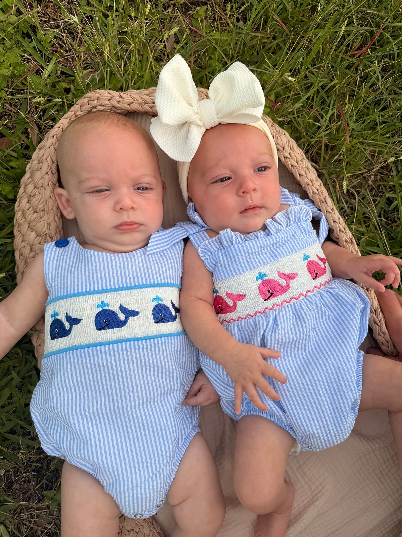 Whale Embroidered Smocked Seersucker Baby Girl Romper Bow