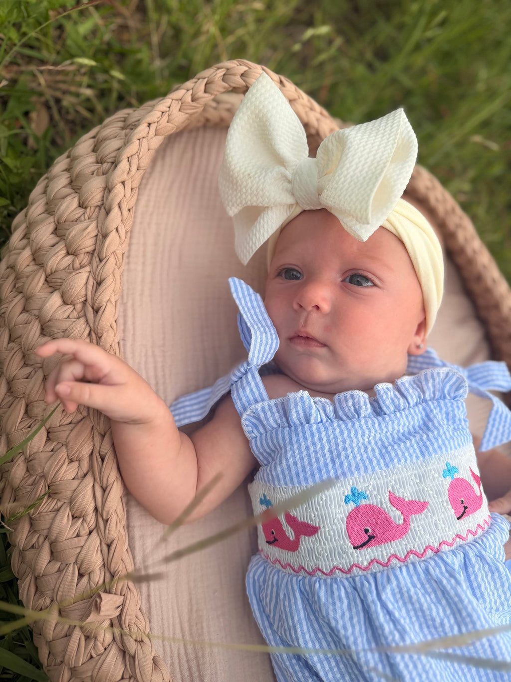 Whale Embroidered Smocked Seersucker Baby Girl Romper Bow