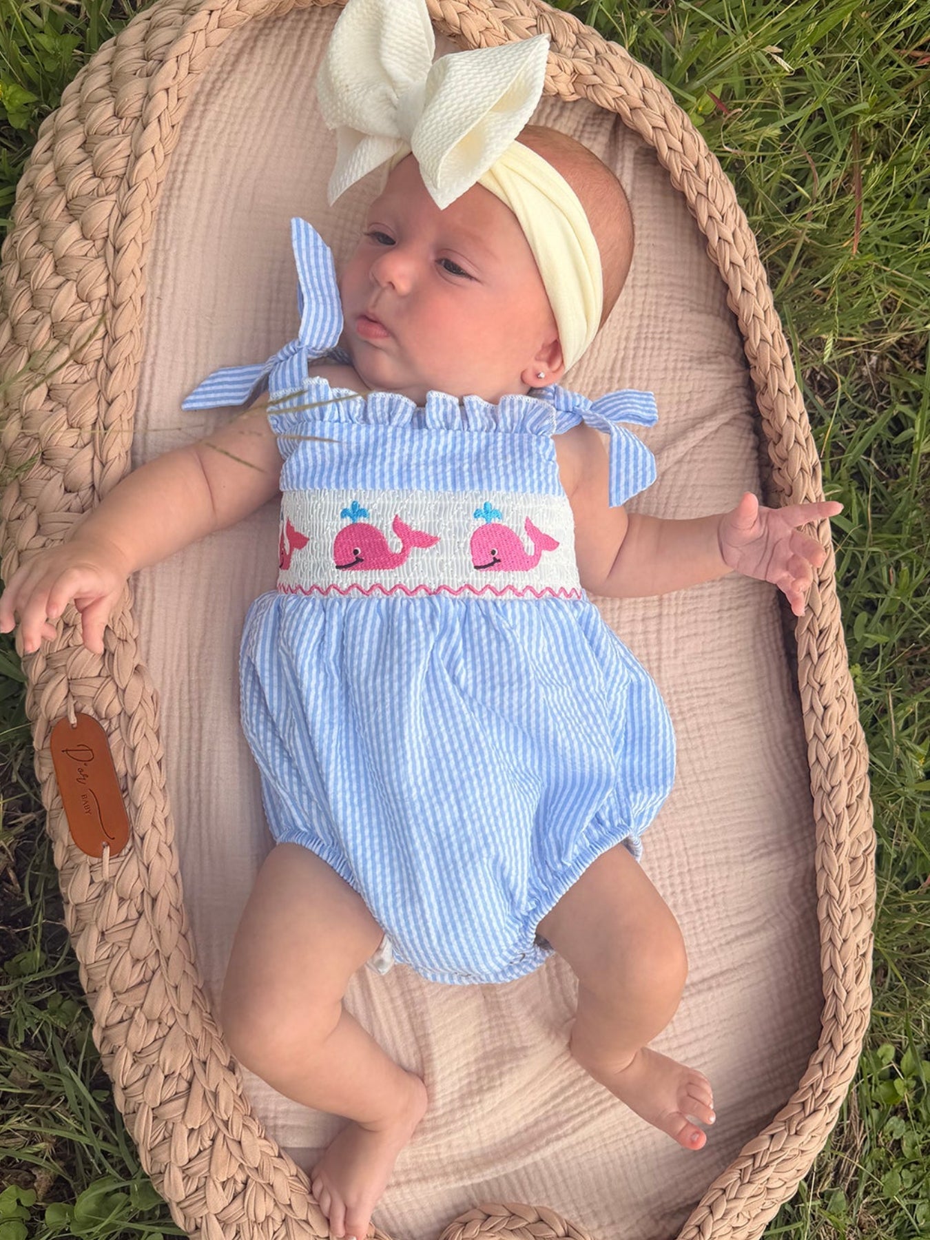 Whale Embroidered Smocked Seersucker Baby Girl Romper Bow