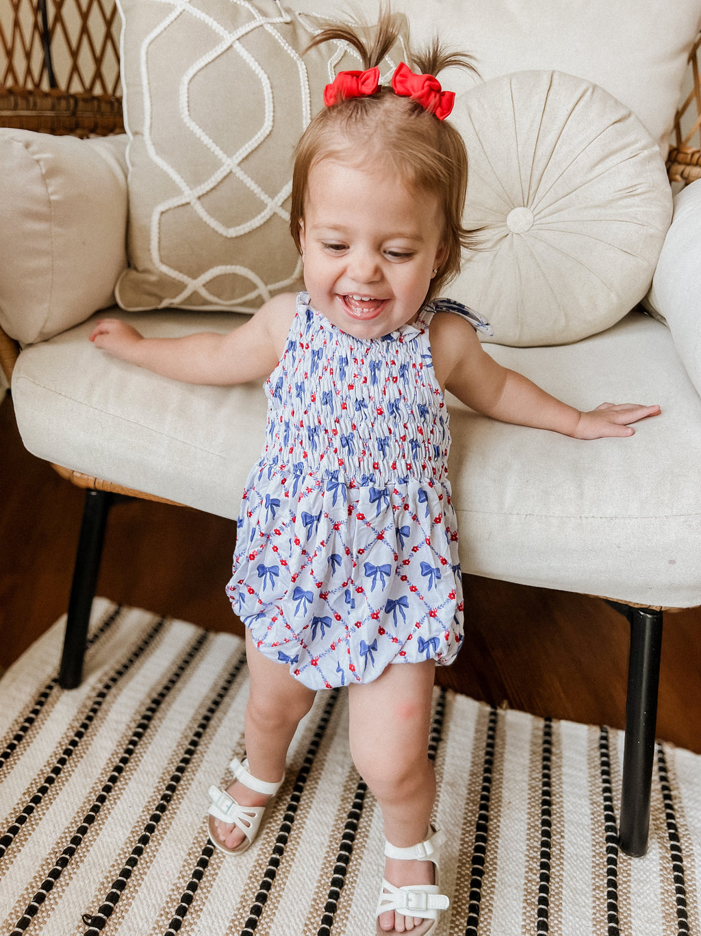 Smocked Red, White and Bows Bamboo Bubble Romper