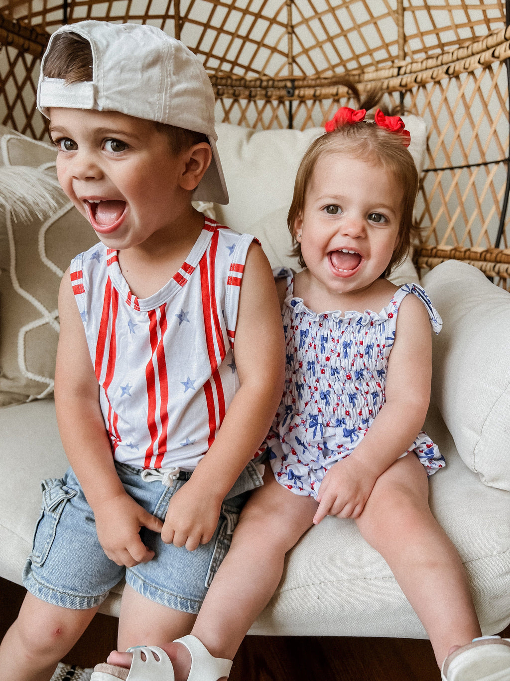 Smocked Red, White and Bows Bamboo Bubble Romper