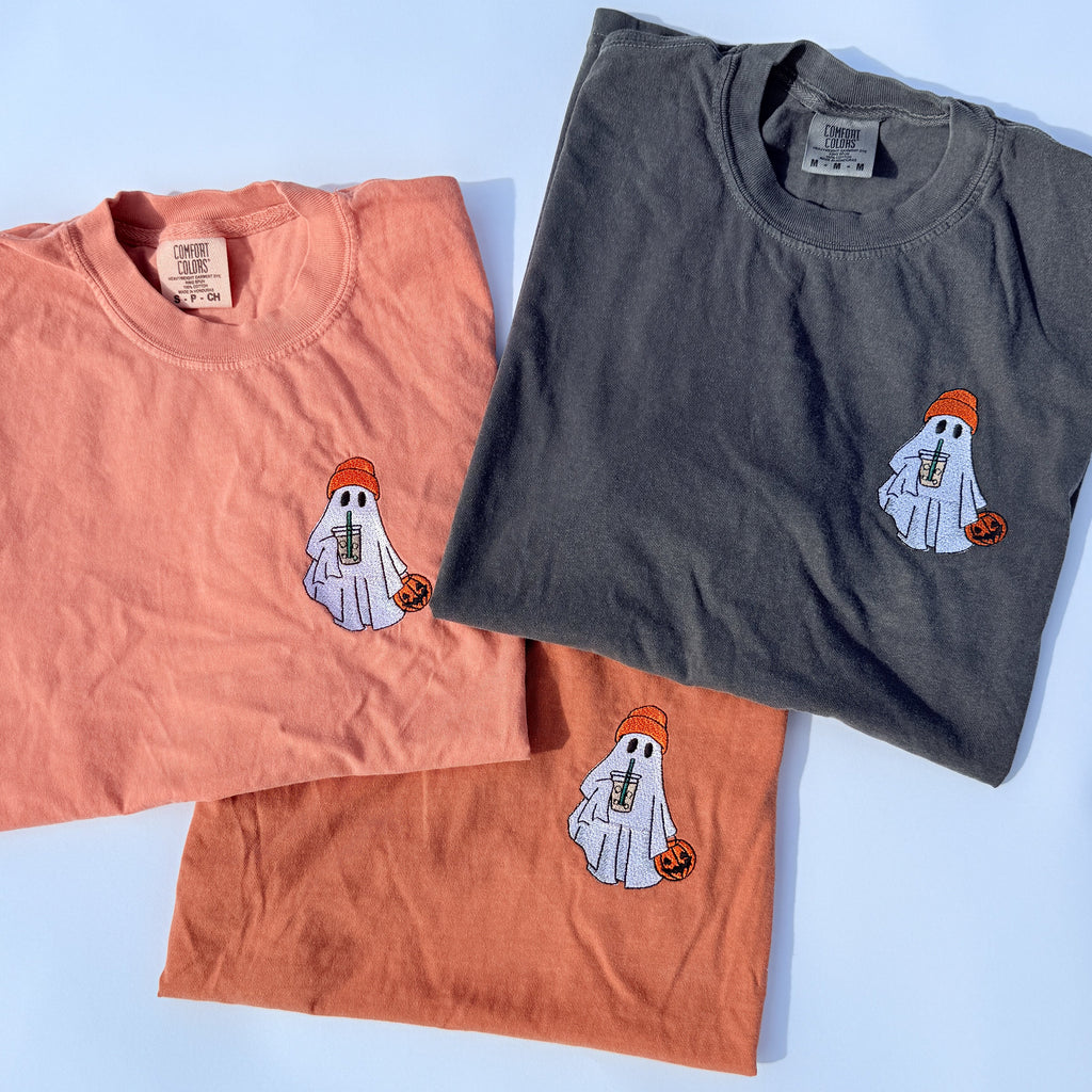 Adult Embroidered Iced Coffee Ghost Comfort Colors Tee - more colors