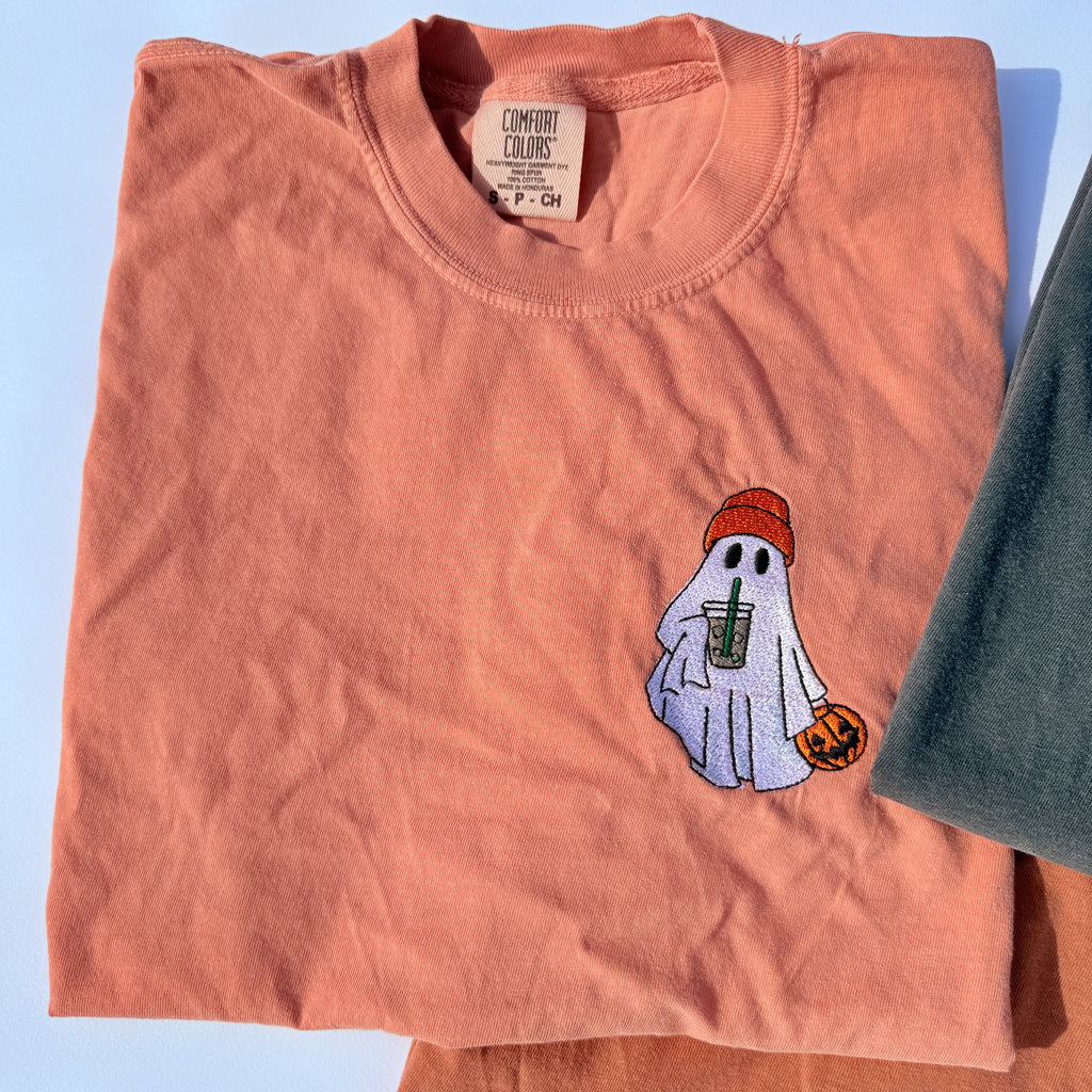 Adult Embroidered Iced Coffee Ghost Comfort Colors Tee - more colors