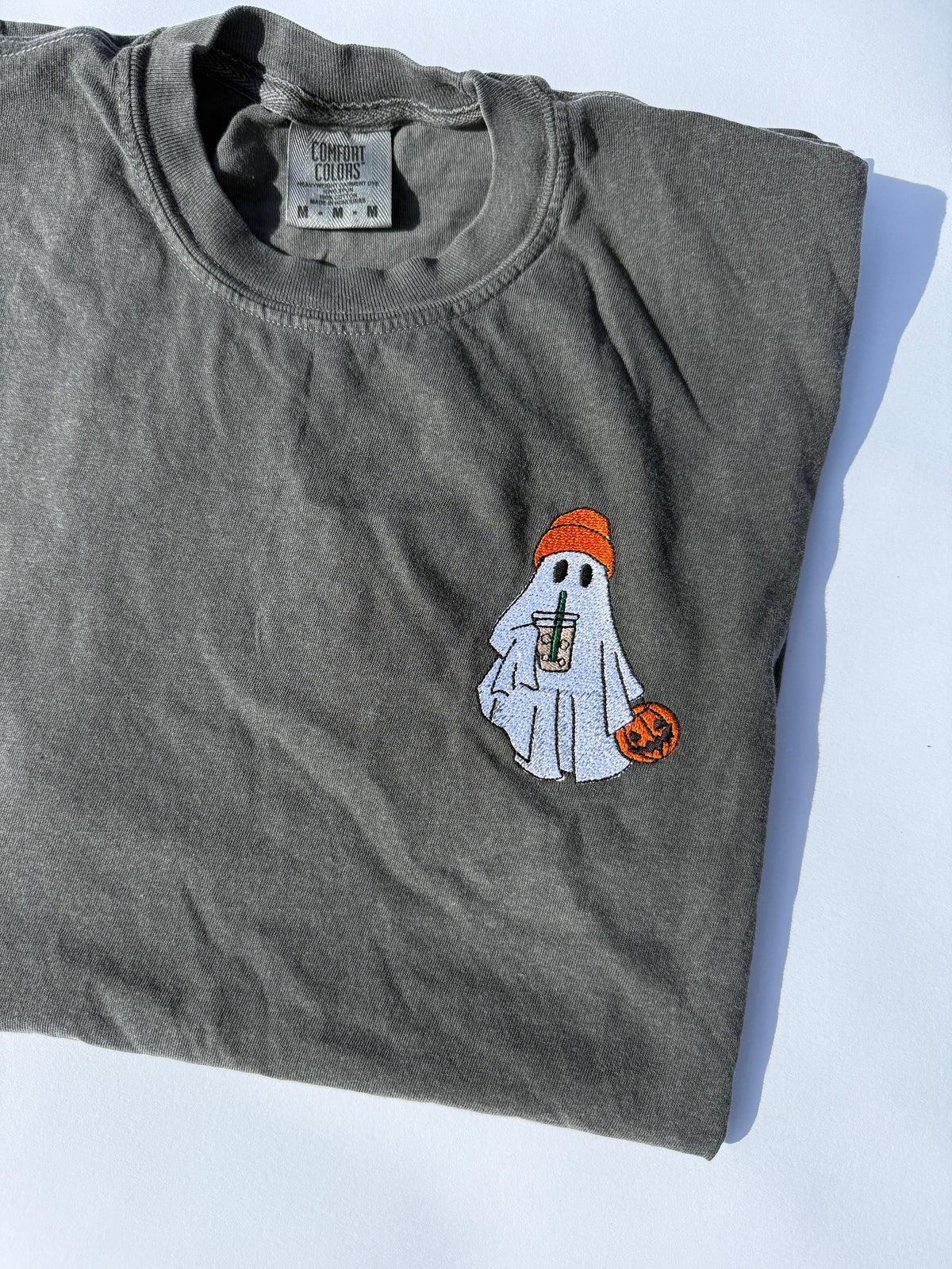Adult Embroidered Iced Coffee Ghost Comfort Colors Tee - more colors