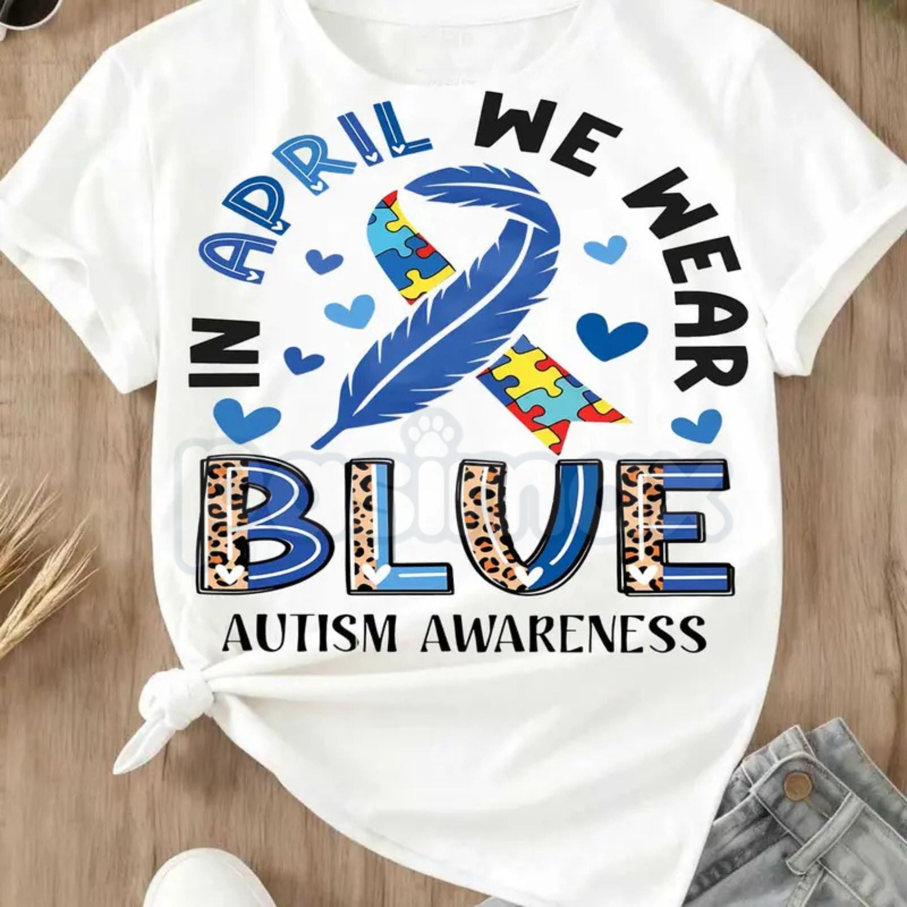 "In April We Wear Blue" Modern Autism T-Shirt – Minimalist Ribbon & Puzzle Graphic Tee, Premium 100% Cotton Advocacy Top, Soft Lived-In Heavyweight Neurodiversity Apparel, Made in USA