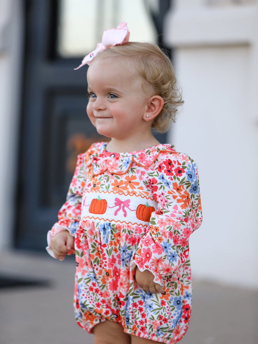 Fall Halloween & Thanksgiving Pumpkin Bow Smock Embroidered Floral Baby Girl Romper