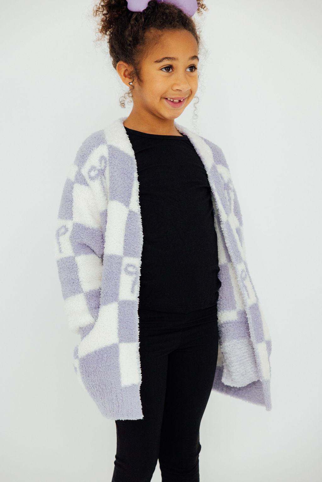 Lavender Checker Bow Cozy Cardigan