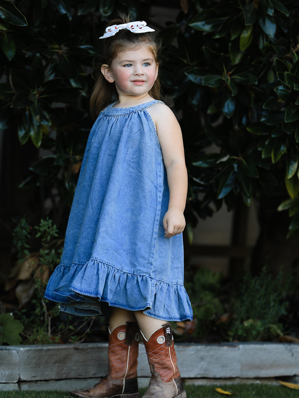 Girls Denim Ruffle Trim A-Line Dress