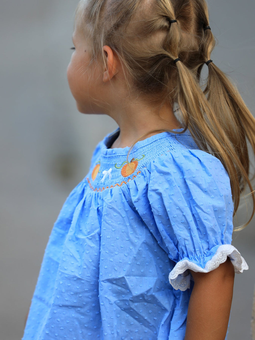 Blue Fall Thanksgiving&Halloween Pumpkin Smock Embroidery Lace Baby Girl Dress