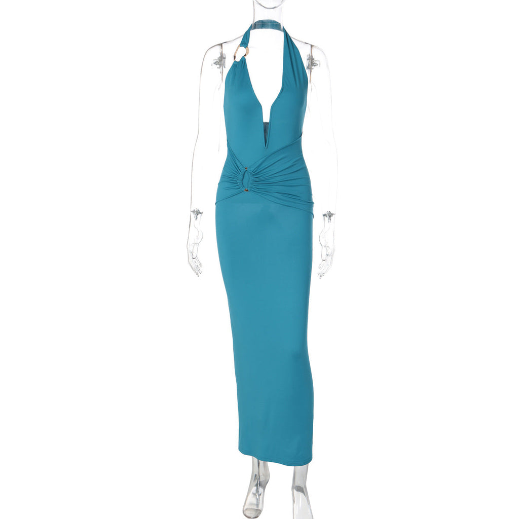 Summer Sexy V neck Stitching Steel Ring Halter Slim Fit Pleated Patch Maxi Dress for Women