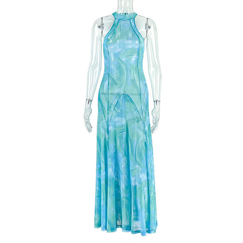 Elegant Women Clothing Office Printed Street A line Dress round Neck Pleated Sleeveless Maxi Dress
