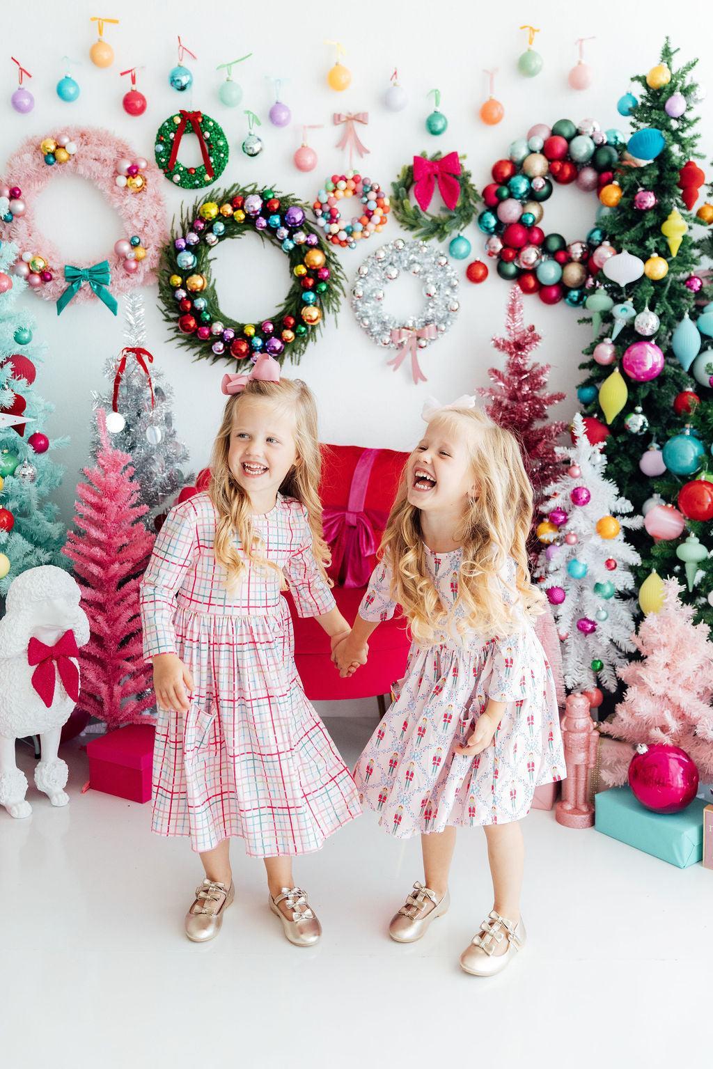 Pink Plaid 3/4 Sleeve Pocket Twirl Dress