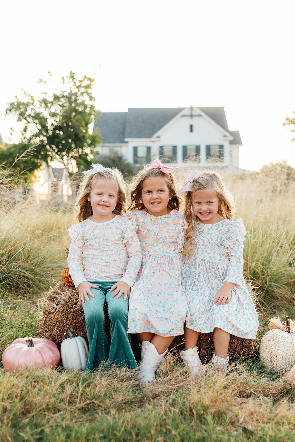 Pumpkin Kisses, Harvest Wishes 3/4 Sleeve Ruffle Twirl Dress