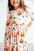 Pumpkin Peekaboo 3/4 Sleeve Pocket Twirl Dress