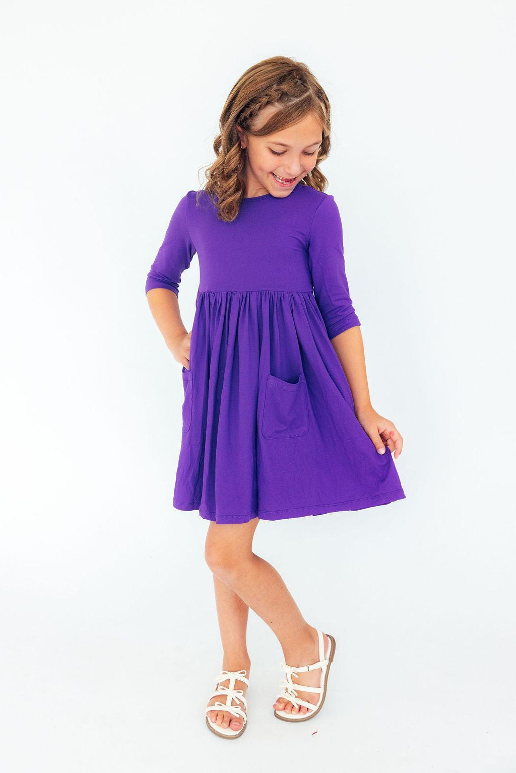 Purple 3/4 Sleeve Pocket Twirl Dress