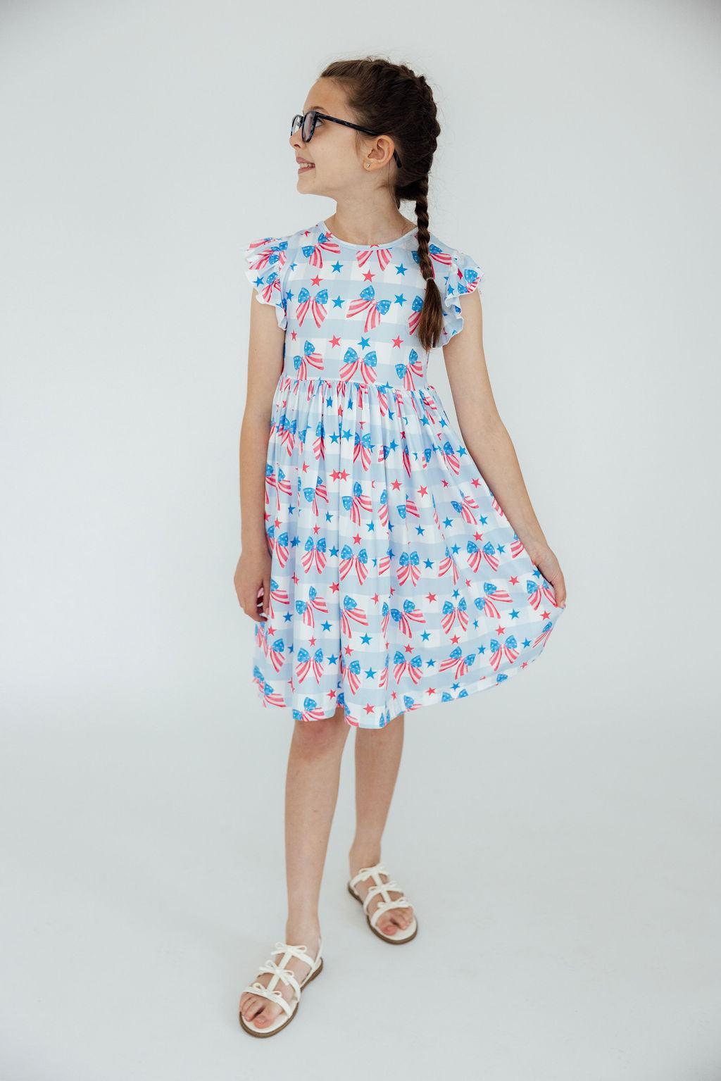Red, White & Bows Flutter Sleeve Twirl Dress