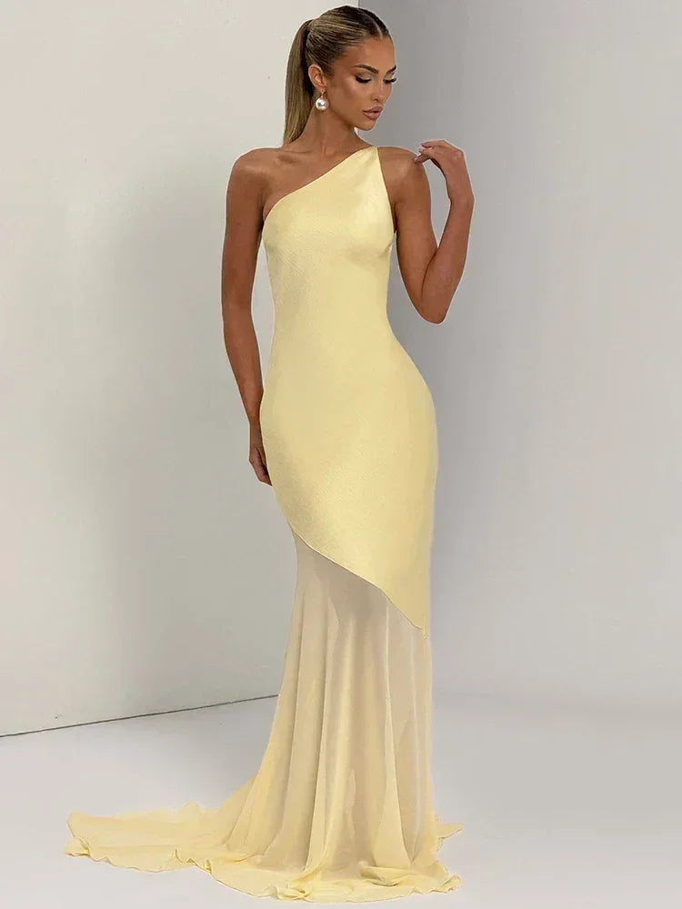 Mozision One Shoulder Backless Sexy Maxi Dress Women Gown Fashion Patchwork Sleeveless Bodycon Club Party Long Dress Elegant