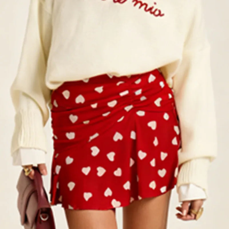 Women Heart Print Ruched Skirt Fashion Streetwear Casual Mini Skirt Valentine'S Day Mini Skirts High Waist Skirts Streetwear