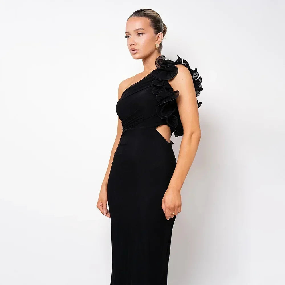 Articat Elegant Sleeveless Slant Shoulder Flower Dress Women Spring/Summer 2025 Sexy Mesh Wrap Hip Dress Party Evening Dress