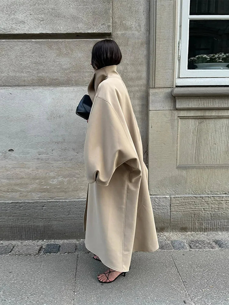 Women's Elegant Faux Suede Long Jacket Stand Collar Bat Sleeve Solid Overcoat Outwears 2025 Autumn Winter Female Streetwears
