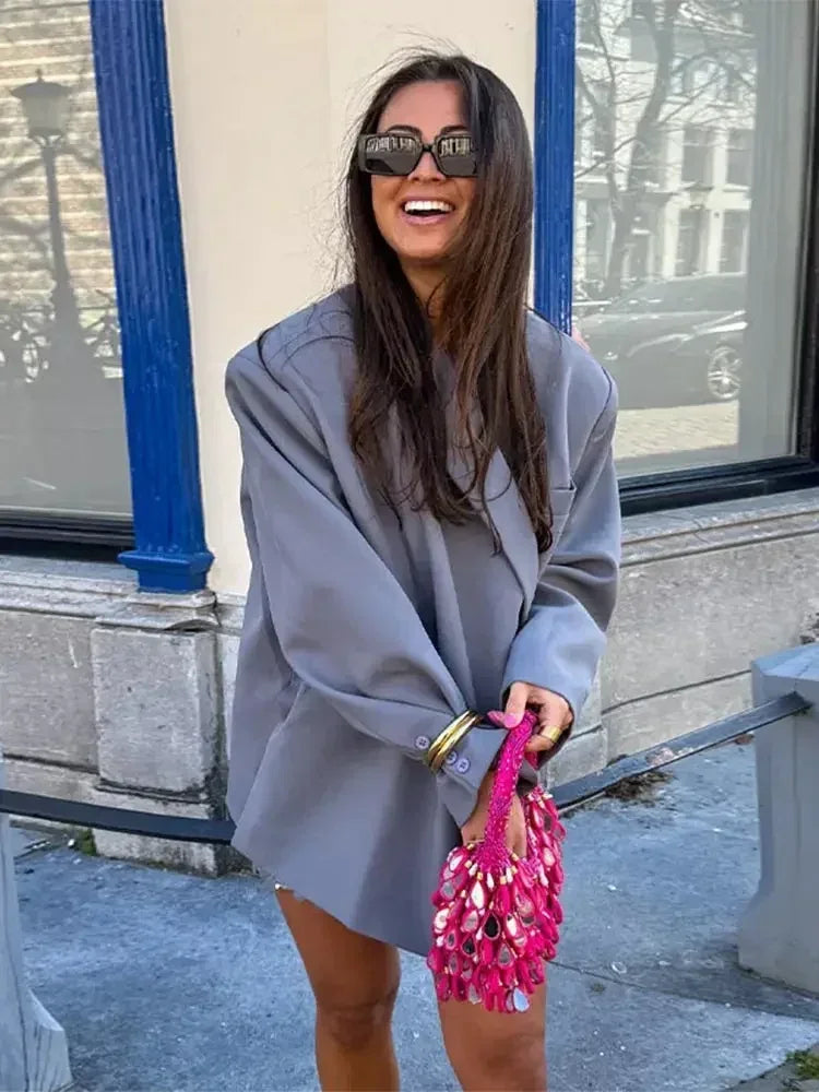 Women's V-Neck Side-Buttoned Suit Jacket Long Sleeve Solid Color Coats Pocket Cuffs Oversize Tops High Street Female Clothes