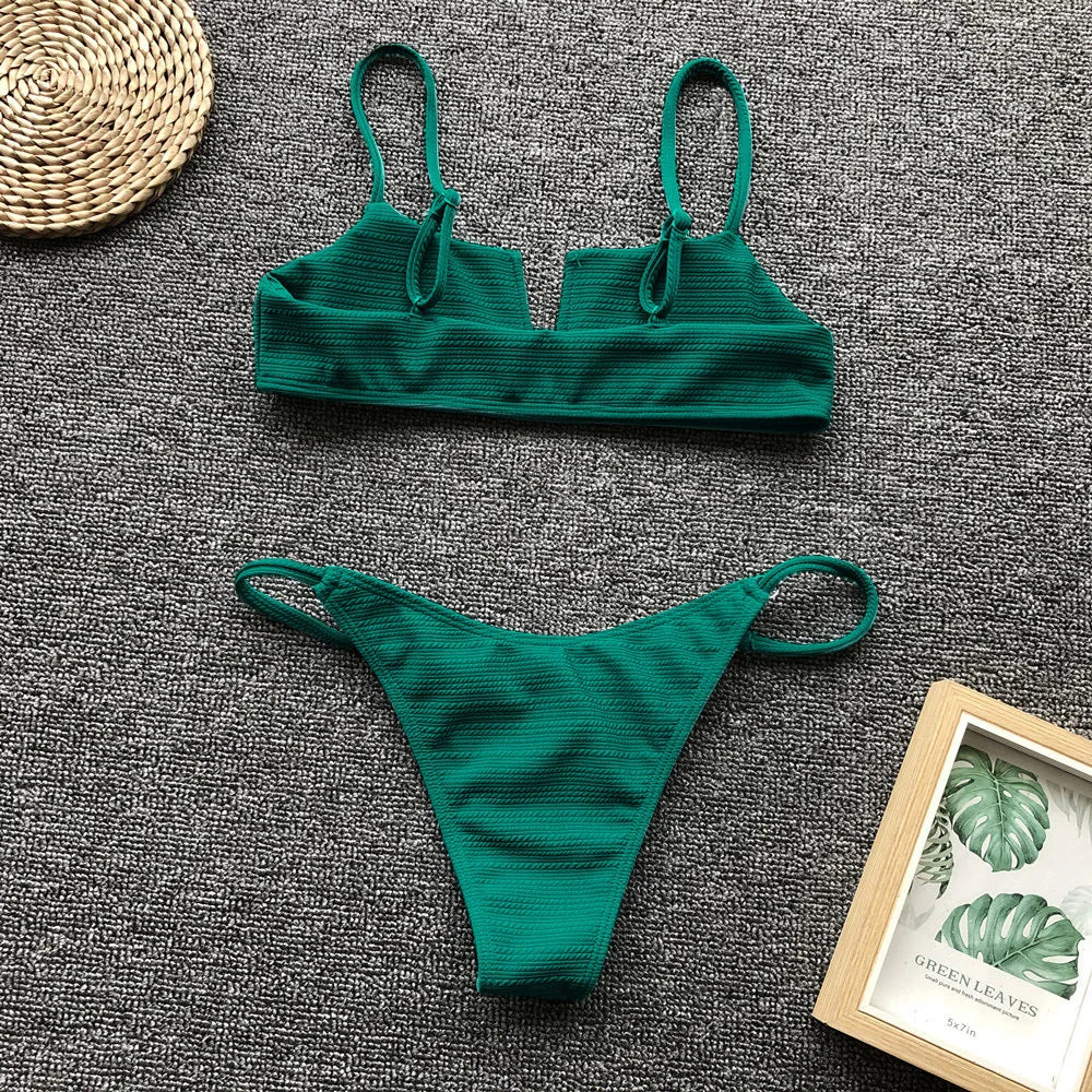 Sexy Micro Bikini Swimwear Women 2025 Solid Green Swimsuit V Neck Push Up Bandage Thong Swimming Suit Bathing Suit Mini Bikinis
