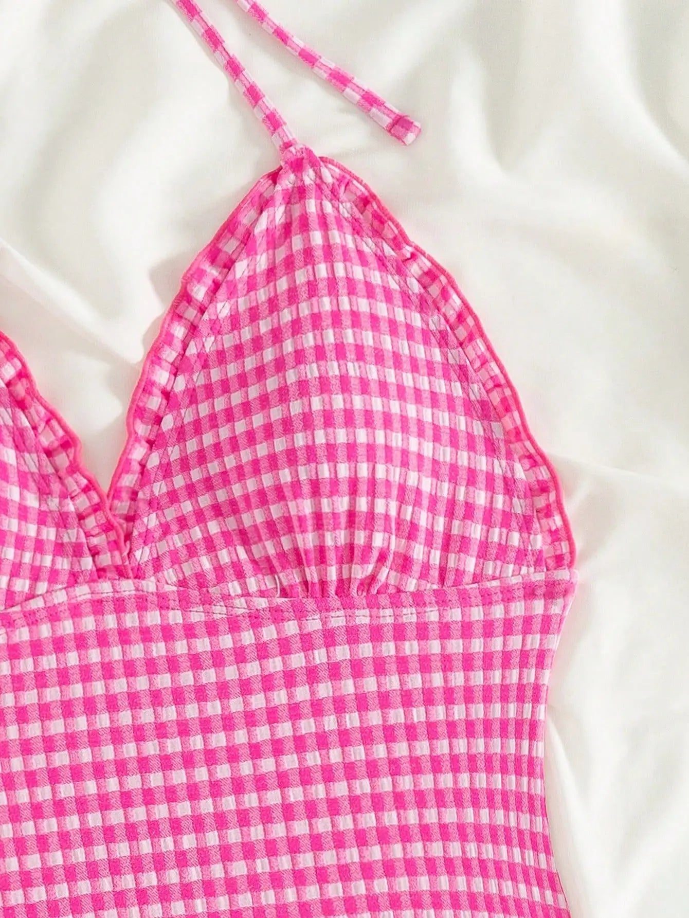 Vintage Hot Pink Plaid One Piece Swimsuit 2026 Women Halter Lace Trim V Neck Tummy Control Swimwear Beach Bathing Suit Monokini