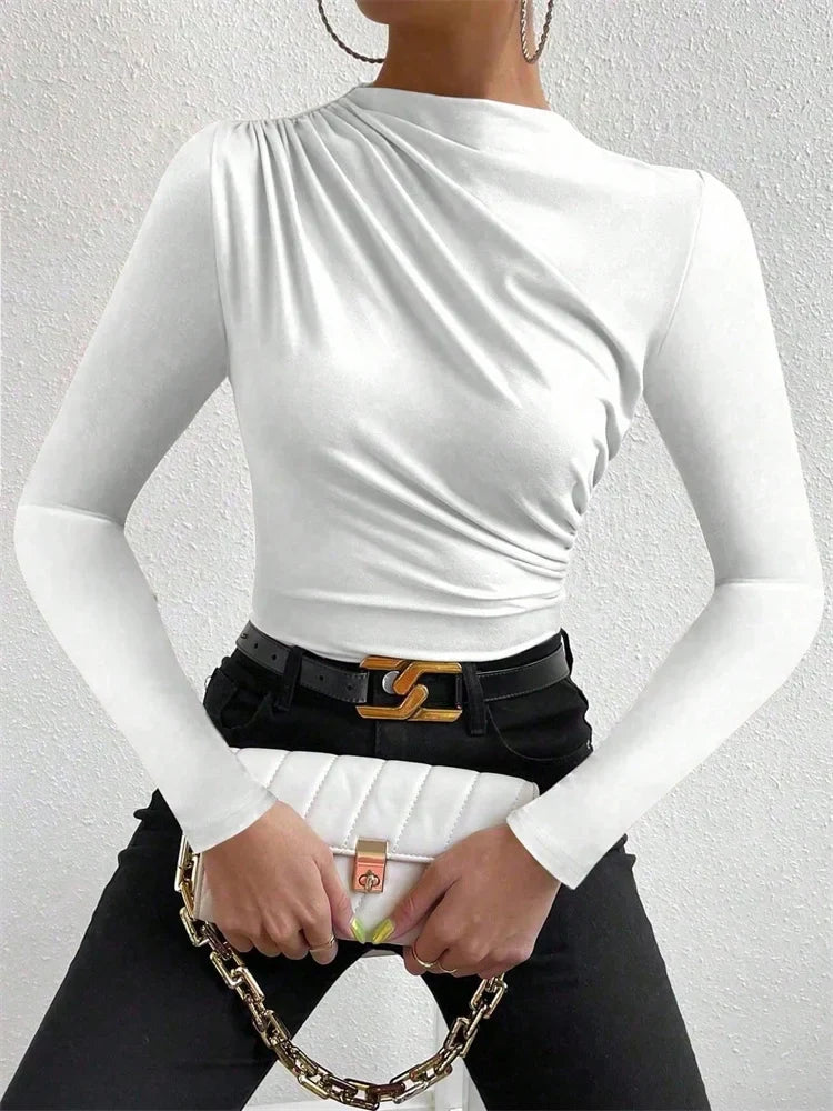 Casual Pleated Mock Neck Long Sleeve T-shirt for Women Autumn Winter Spring Solid Color Ruched Skinny Slim Fit Blouse Top Tshirt