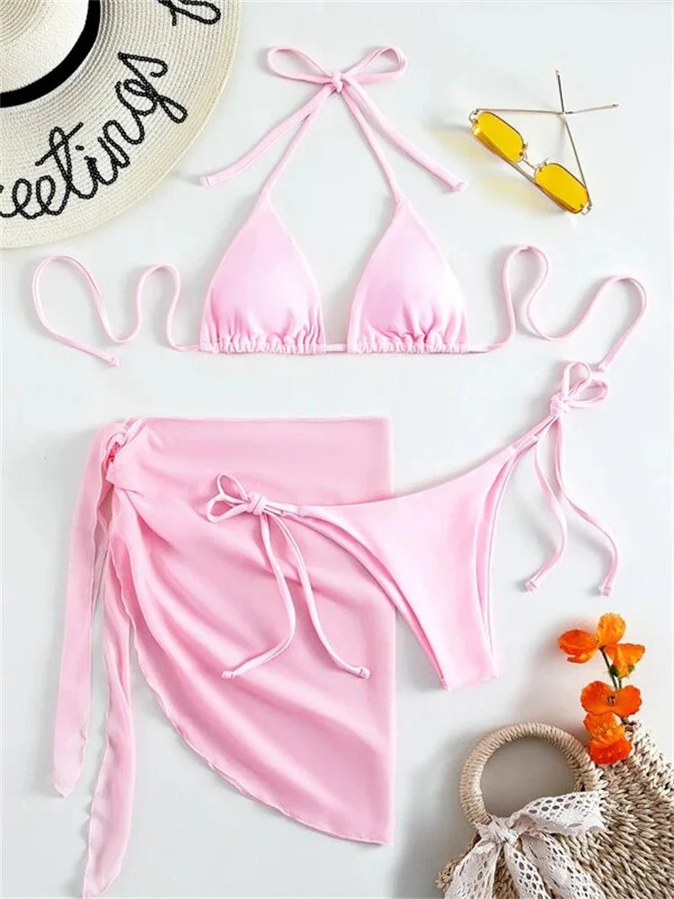 Sexy Solid Brown Bikinis Set Women Ribbed Halter Push Up Mesh Skirt Swimsuit 2024 Mujer Brazilian Bathing Suit Cover Up Swimwear