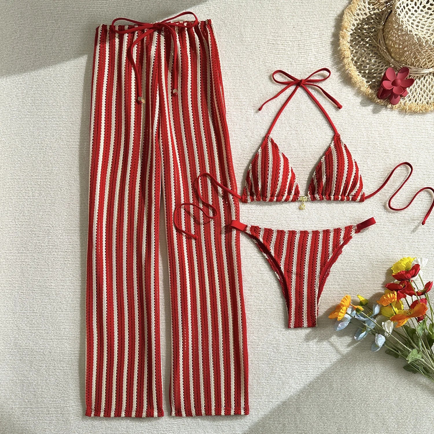 Vintage Red Striped Bikini Set 2026 Women Drawstring Long Panties 3 Piece Swimsuit Beach Holiday Bathing Suit Thong Swimwear