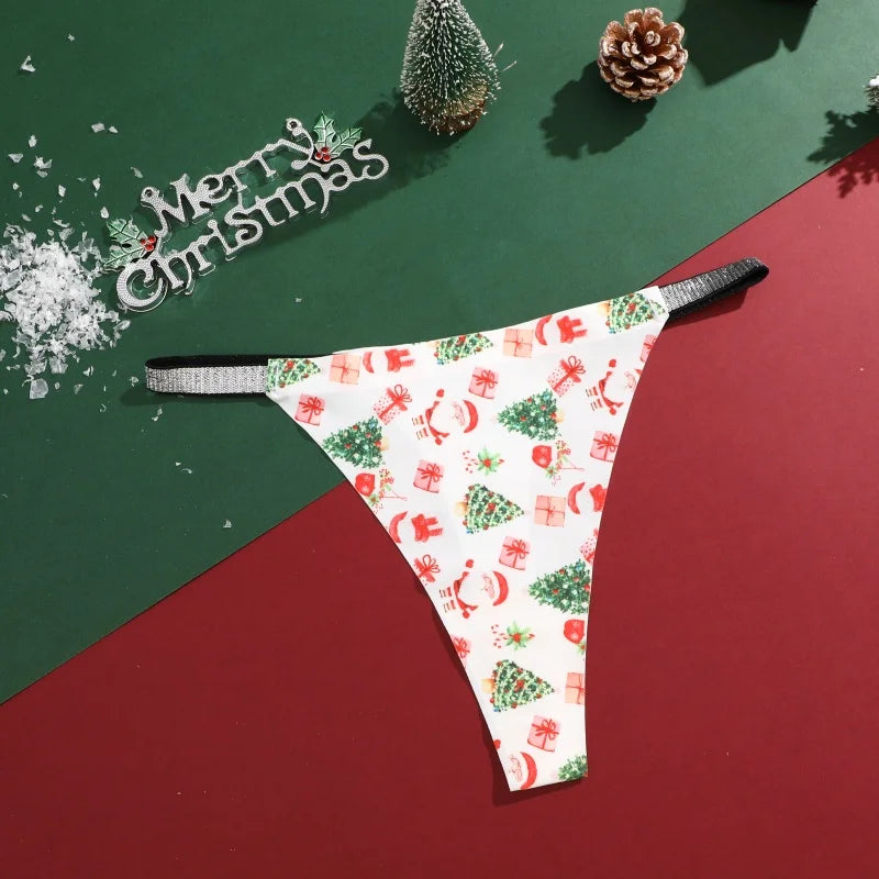 4Pcs Christmas Print Underwear Breathable Shiny Belt Thong Women Skin-friendly Fashionable Casual Christmas Gifts