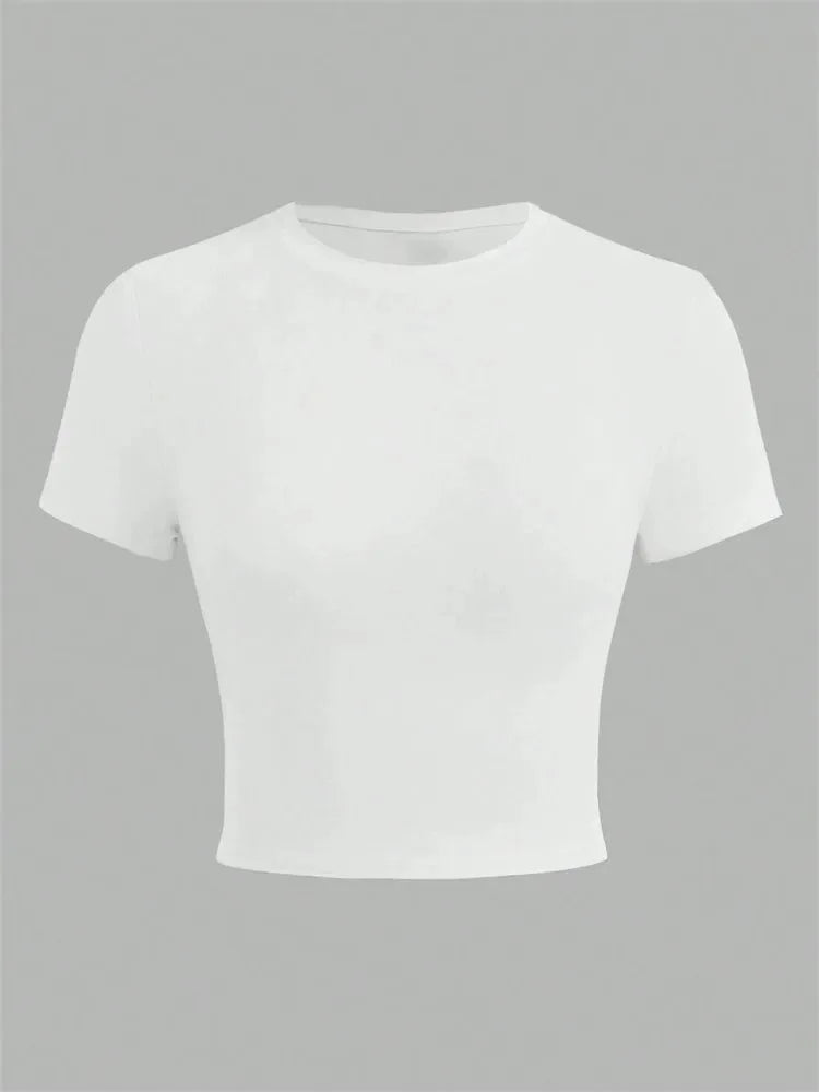 Solid Color Basic Cropped Tshirts for Women Casual Round Neck Short Sleeve Crop Top Summer Slim Fit Tee Shirt Streetwear