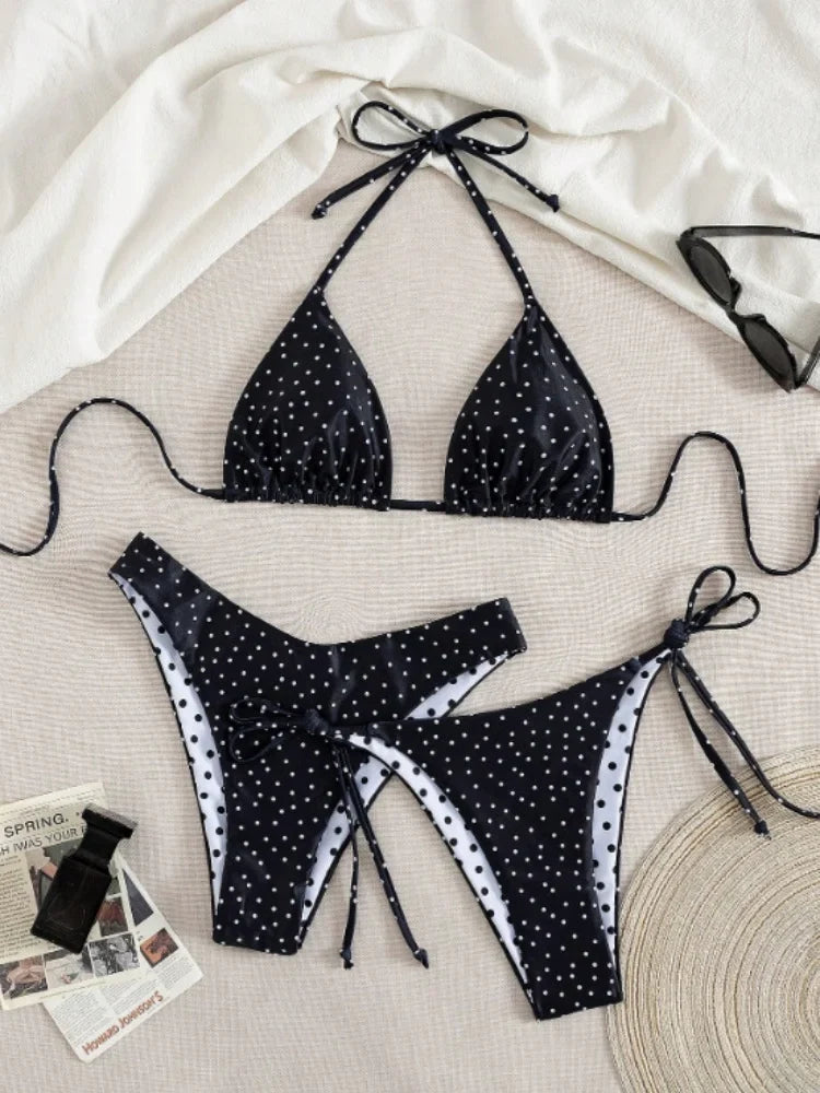 Sexy Black Polka Dot Print 3 Piece Bikini Set Women Tie Side Thong Swimsuit Brazilian Push Up Bathing Suit Swimwear Biquini 2026