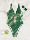 Sexy Green Tie Dye Gradient One Piece Swimsuit 2025 Women Luxury Metal Ring Linked Hollow Backless Bathing Suit Holiday Swimwear