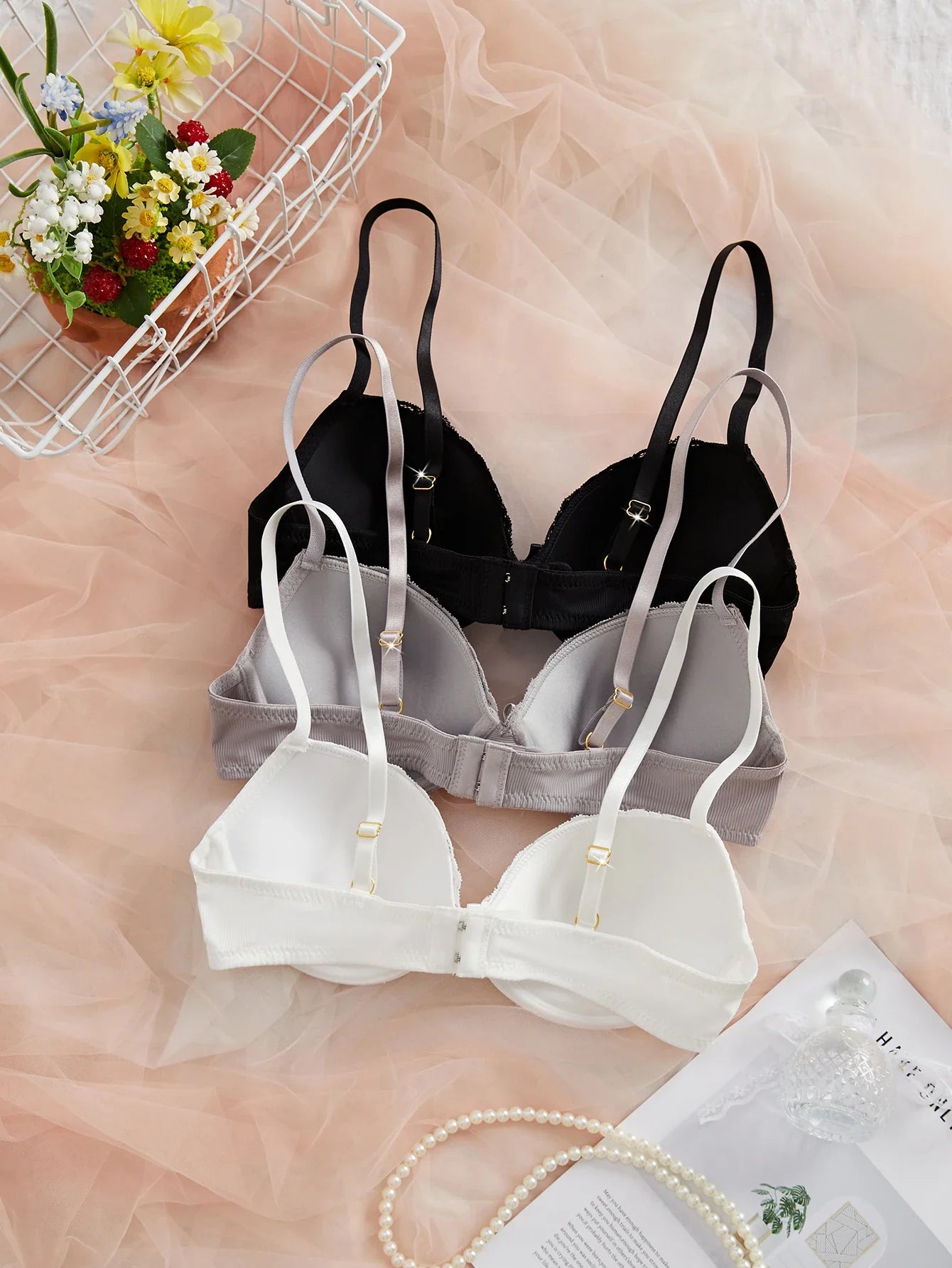3PCS Women's Underwear Set Lace Trim Ribbed Push Up Bra Bow Comfortable Underwire Support Women's Bra