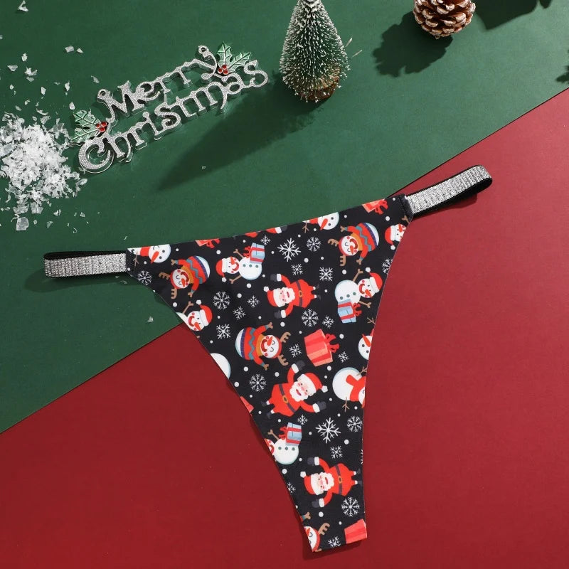 4Pcs Christmas Print Underwear Breathable Shiny Belt Thong Women Skin-friendly Fashionable Casual Christmas Gifts