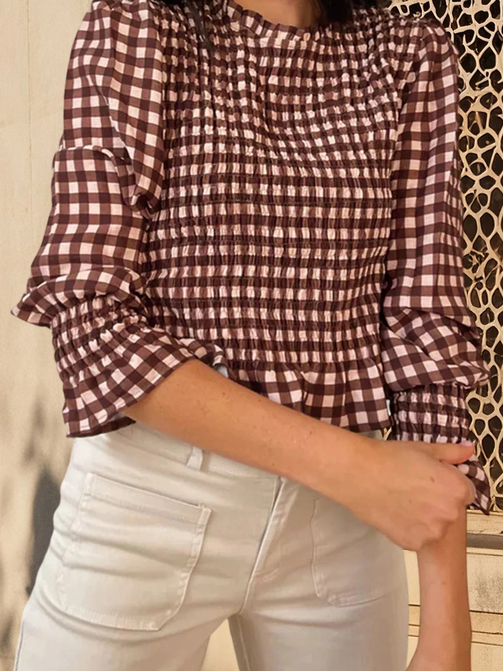 Women Fashionable Casual Round Neck Smocked Bubble 3/4 Sleeve Tops Summer Fall Plaid Print Ruffled T-shirts