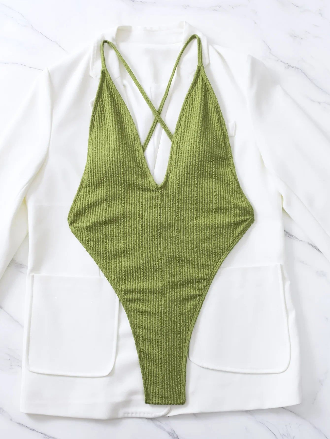 One Piece Swimsuit Women 2024 Sexy Deep V Neck Ribbed Tummy Control Swimwear Brazilian Hollow Out Backless Bathing Suit Monokini