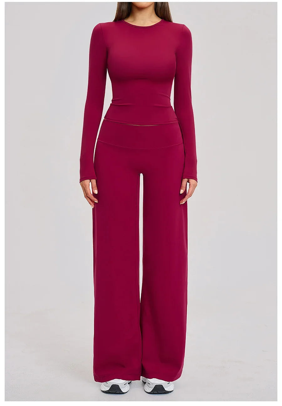 Yoga Set 2 Pieces Women Fitness Sportswear Gym Loose wide-leg pants Long-sleeved T-shirt Sports Crop Tops Tracksuit Workout Wear